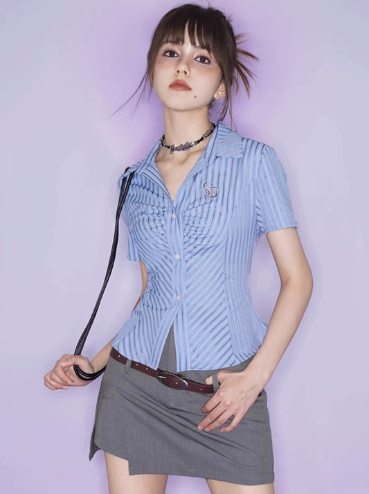 College Style Blue Stripe Waist Shirt