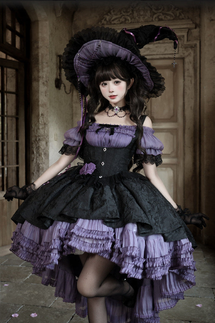 【4月28日予約締切】パープル×ブラックエレガントゴシックロリータコルセットレイヤードJSKドレス＋オフショルダーレースパフトップス