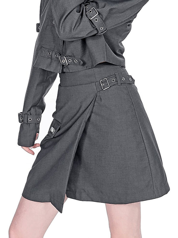 Metal Plate Asymmetric Eyelet Belt Wrap Skirt