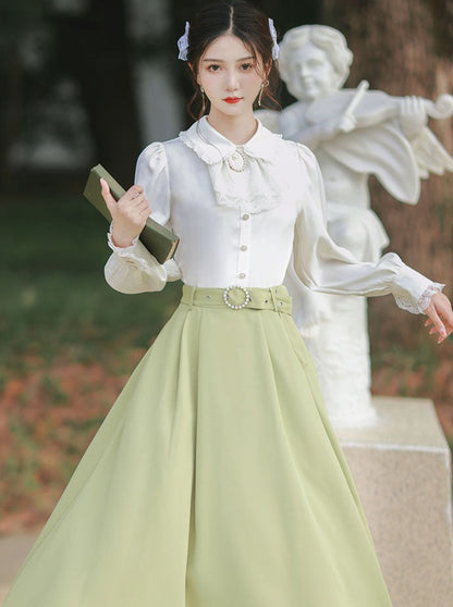 French Style Shirt + Green Long Skirt