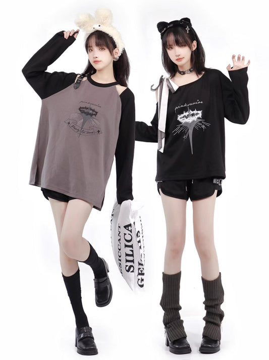 ブラックグレーカジュアルデザインプリントソーンロングTシャツショートパンツ