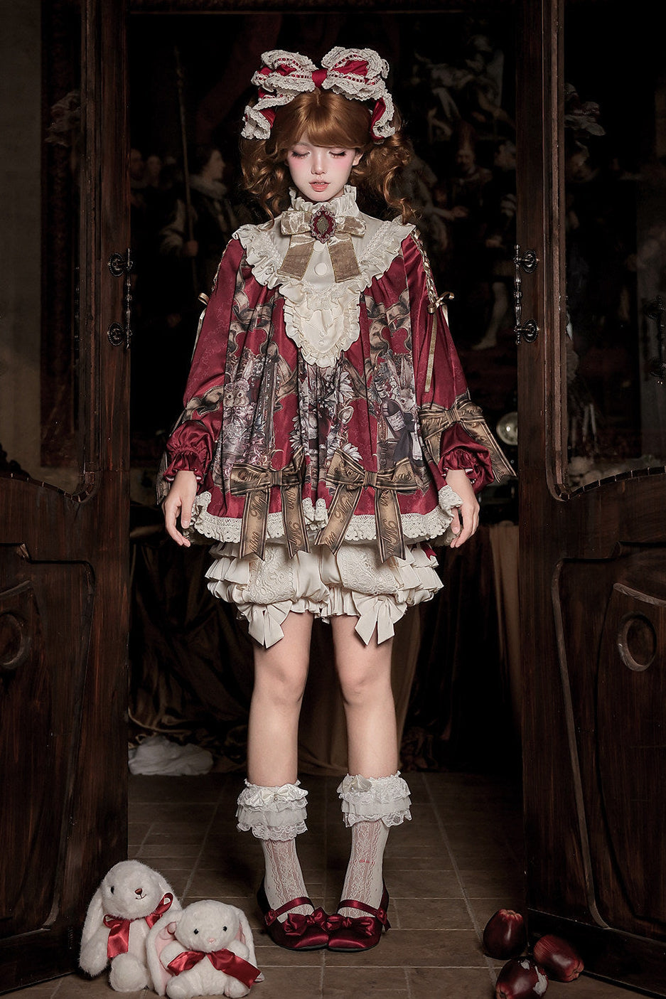 【11月3日予約締切】Antique Bow Burgundy Rabbit Print Frill Doll Dress + Shorts Set