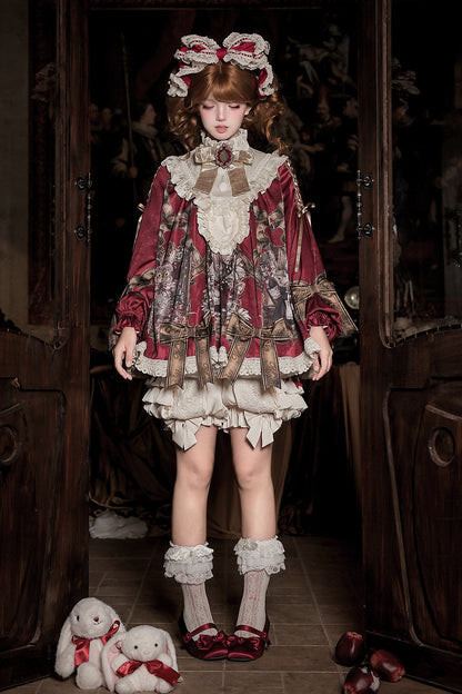 【11月3日予約締切】Antique Bow Burgundy Rabbit Print Frill Doll Dress + Shorts Set
