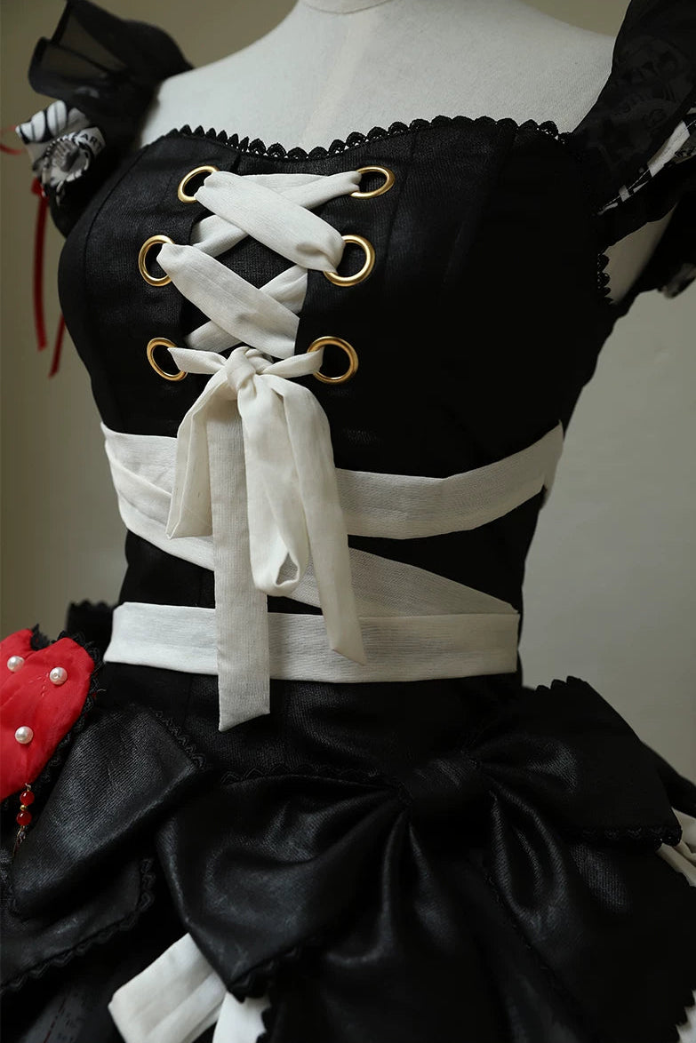 【9月3日予約締切】Gothic Fantasy Red Heart Black Balloon Corset Lolita Ribbon Dress + Ribbon Choker with Playing Card and Bead Motif