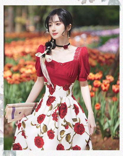 Square Color Lace Top + Rose Design Long Skirt