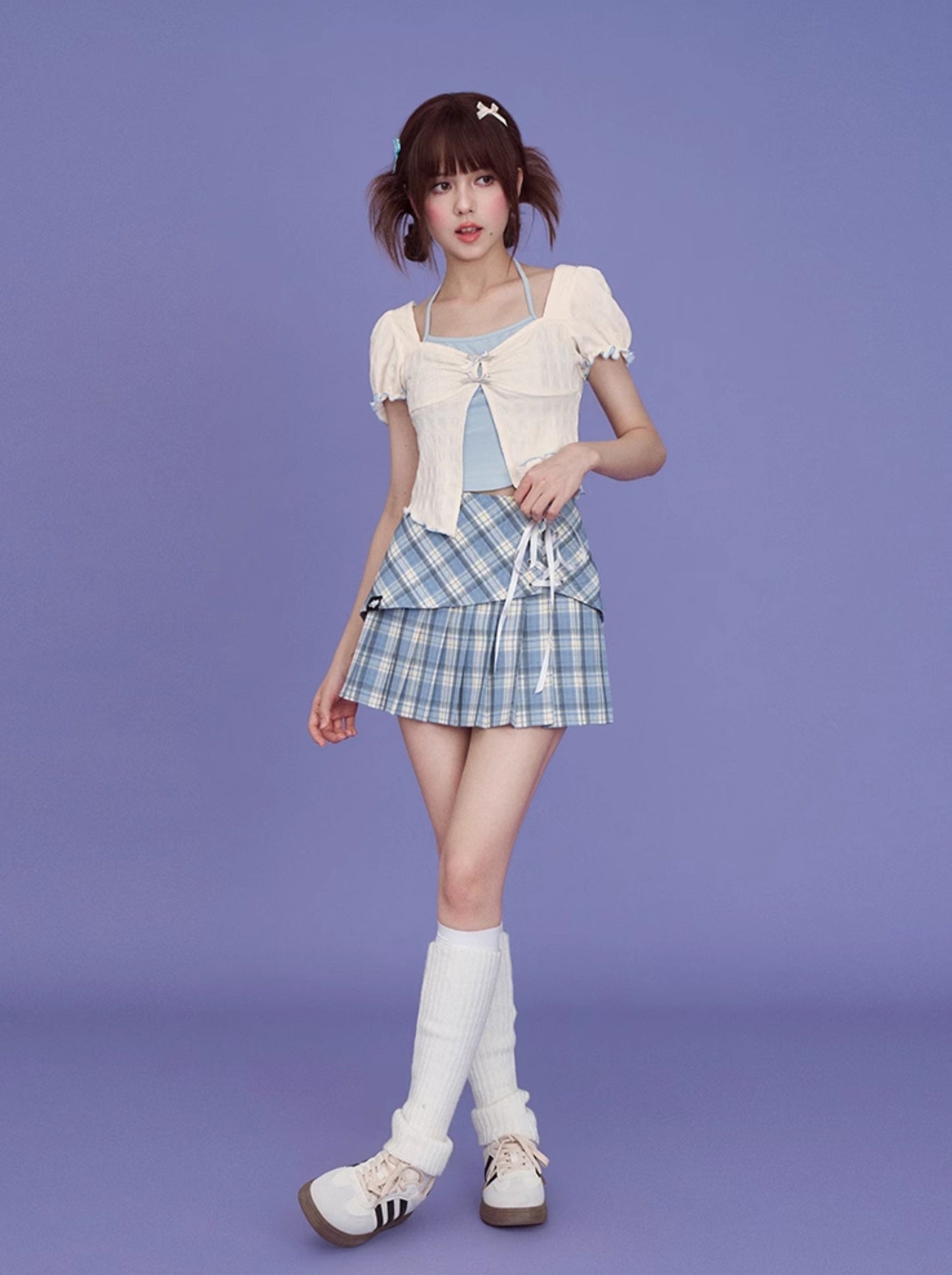 Lace-up Check Retro Blue Skirt