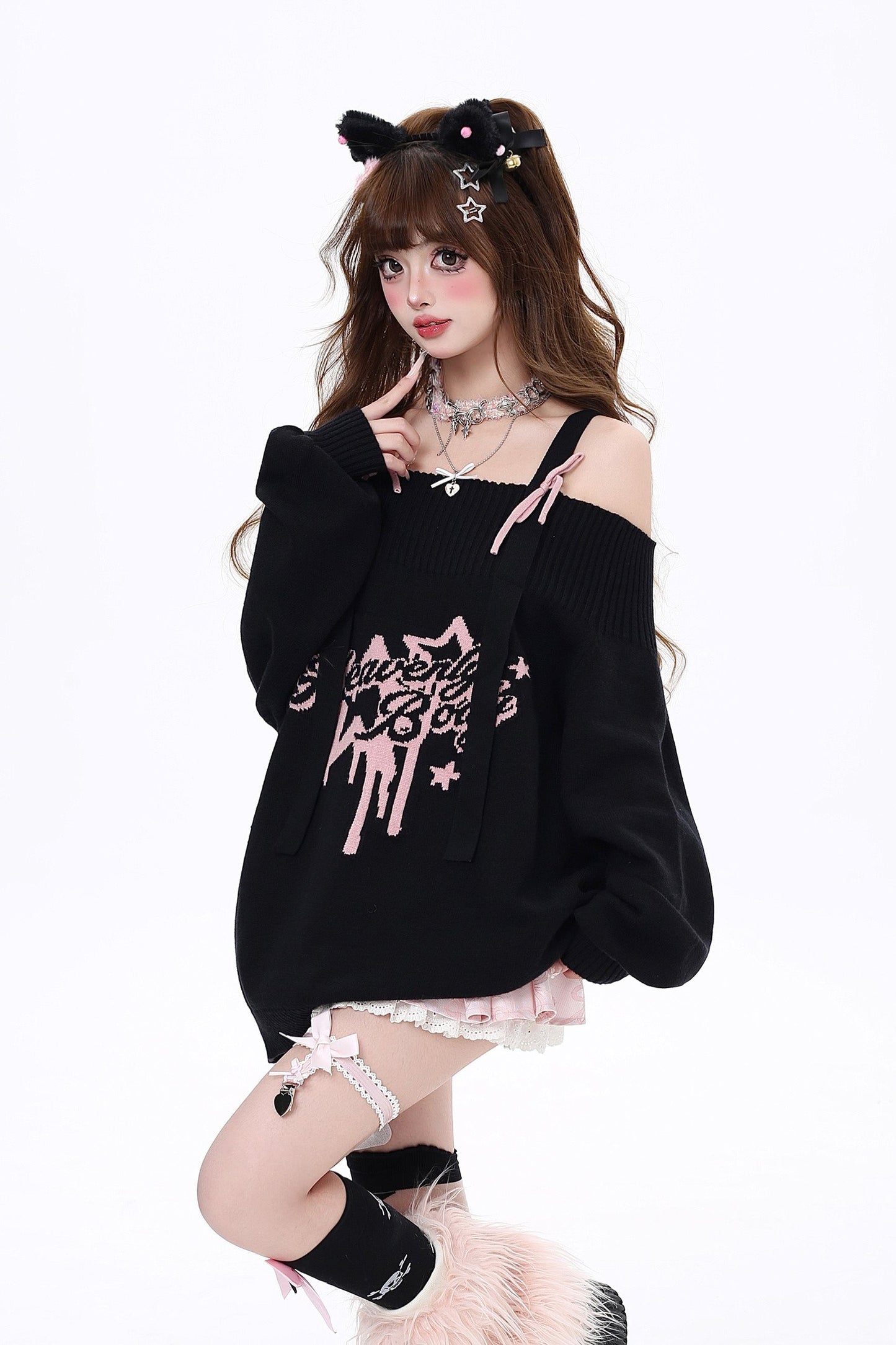 Ribbon Shoulder Loose Design Sweater