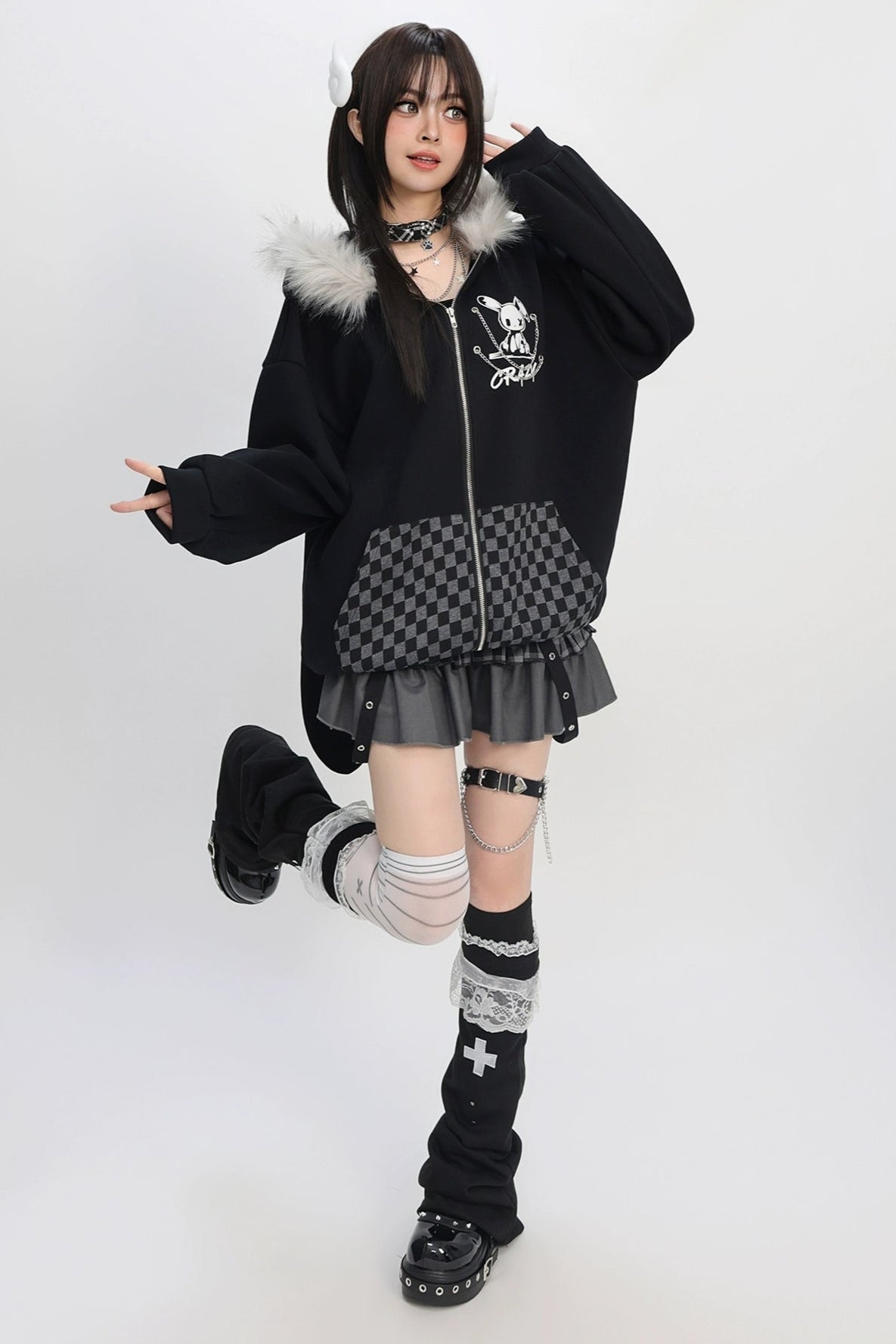 ファーチェックラビットフードパーカー