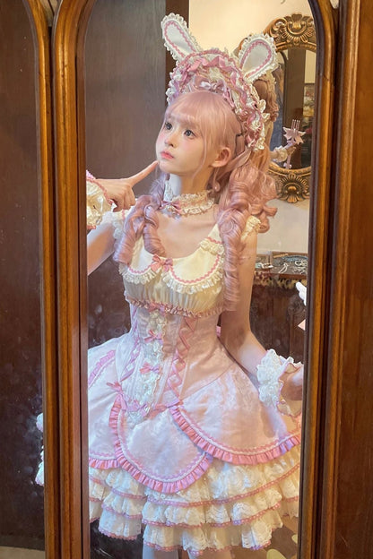 【12月17日予約締切】ピンクフローラルスイートロリータティアードドレス＋うさ耳ボンネット＋アクセサリー