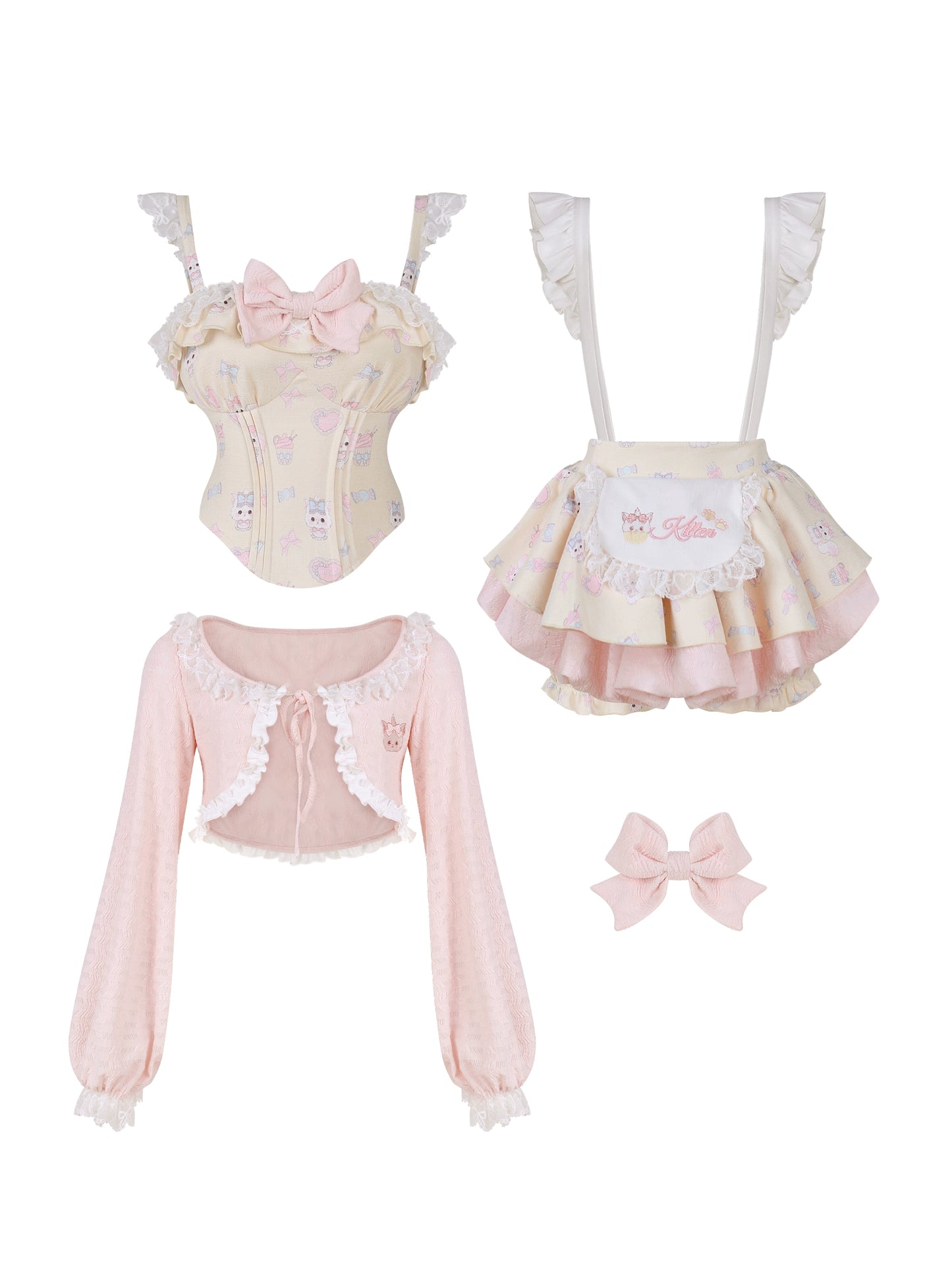 ガーリーリボンキャミソール+カーディガン+サスペンダースカート