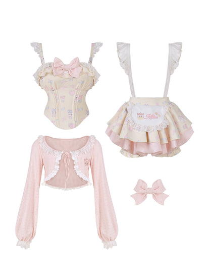 ガーリーリボンキャミソール+カーディガン+サスペンダースカート