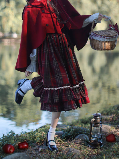 Little Red Riding Hood Cape Ribbon Coat + Pleated Collar Shirt + Check Tiered Dress + Head Scarf