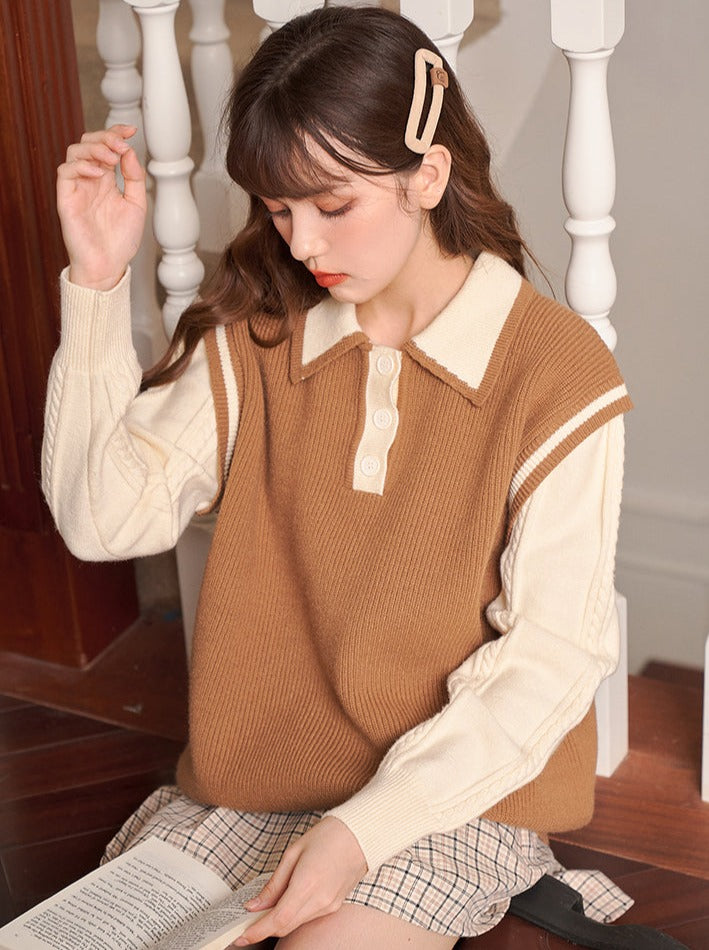 Polo collar faux two-piece knit sweater