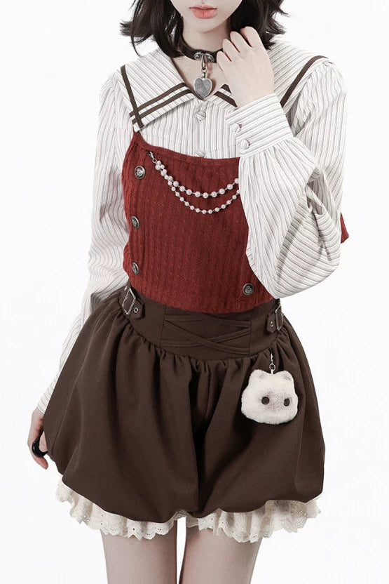 フードトップス+シャツ+スカート+レッグウォーマー+ベスト