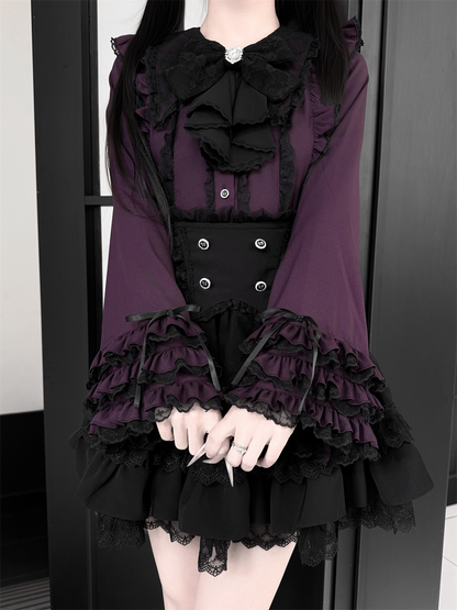 【1月7日予約締切】ジュエルリボンベルスリーブシャツ＋ブラックストライプティアードスカート＋セットアップ