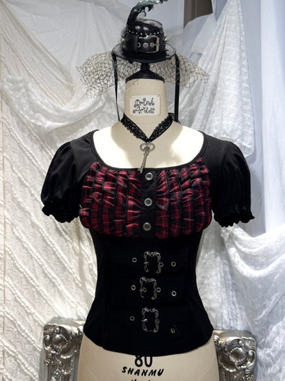 Original from Jiuyu Market: Black and Red Plaid Puff-Sleeve Knit Top with Military-Style Mesh Cake Skirt Set
