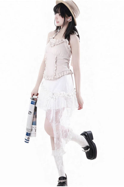 Seaside-Smok-Oberteile + Neckholder-Unterhemd + Asymmetrischer Rock