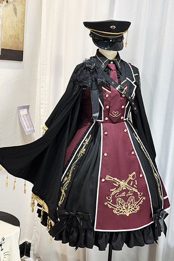 【6月28日予約締切】レッドブラック/ブルーブラックダークロリータゴールドエンブロイダリーテーラーカラーJKSドレス＋ネクタイ＋ウエストバッグ付きベルト