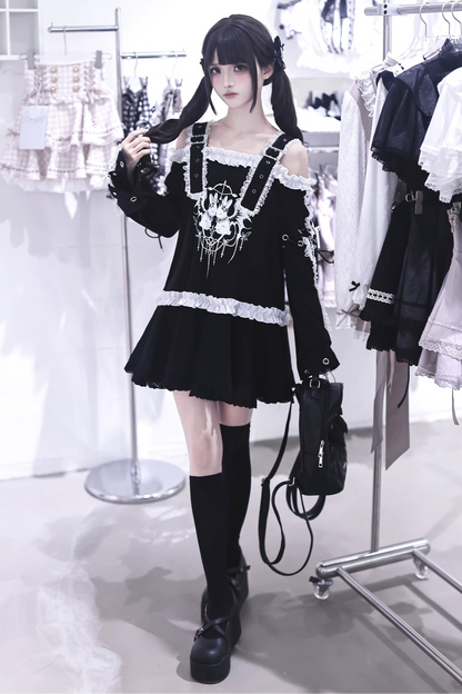 【9月15日予約締切】Dark Punk Gothic Rabbit Print Off Shoulder Long Sleeve Frill Lace Dress
