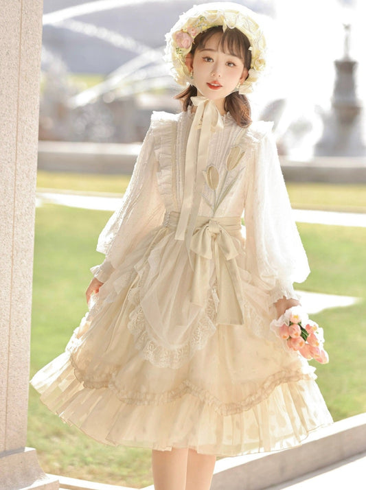 Original Lolita Robe Femme Everyday Cute Lolita Sweet Skirt Cla Tie Stand Collar Lace Elegant OP