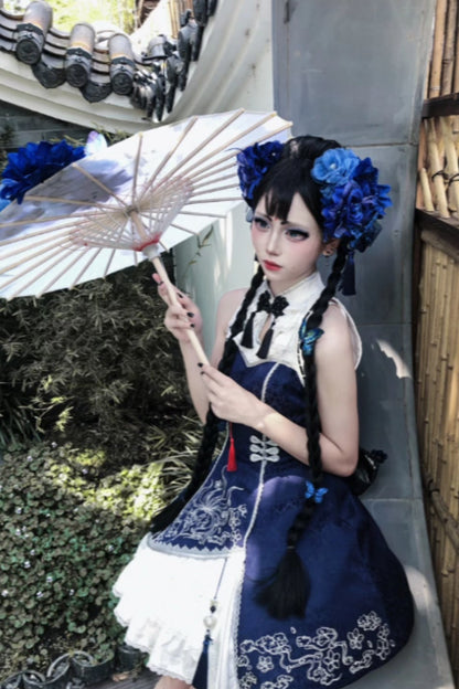 [Reservierungsschluss am 9. Oktober] Dunkelblau-weißes Gothic-Chinese-Lolita-Kleid mit Stickerei eines neunschwänzigen Fuchses + schulterfreie Jacke mit Glockenärmeln im Set