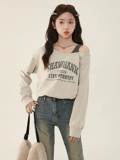 American Retro Off-Shoulder Short Sweatshirt