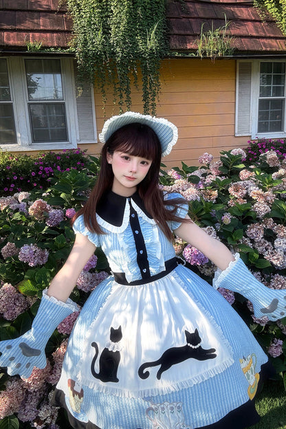 【8月18日予約締切】アリスブルーストライプ猫カフェテイストメイドロリータドレス（エプロン付き）＋コンプリートセット