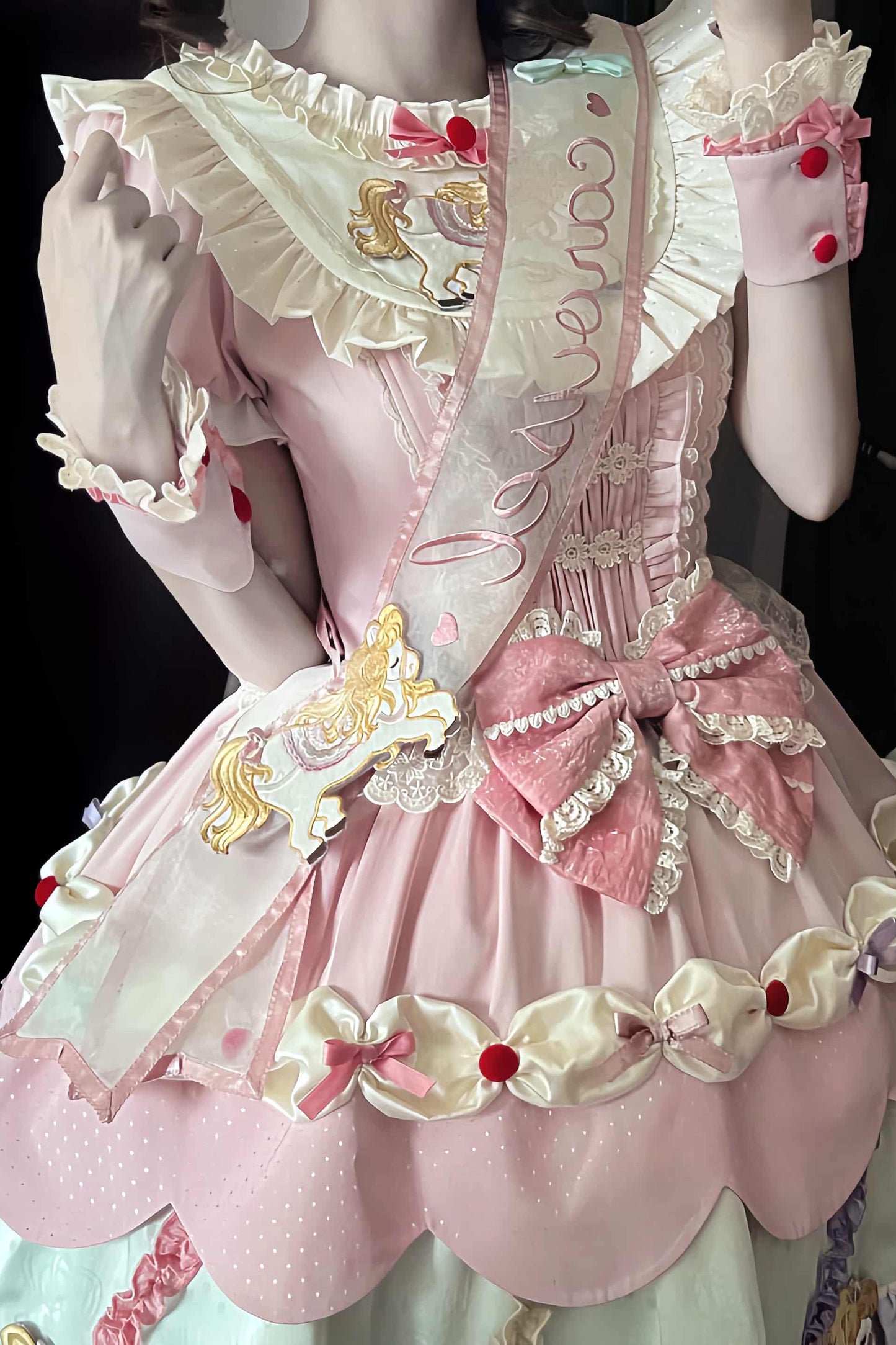 【8月20日予約締切】ピンク×パステルスイートロリータエンブロイダリーフリルリボンティアードドレス