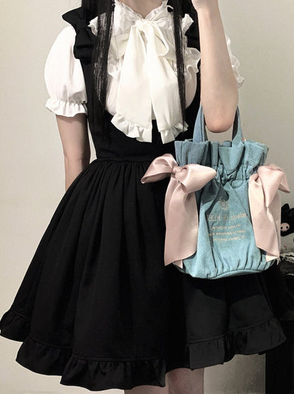 Shoulder ribbon lace black strap dress [Reservation product]