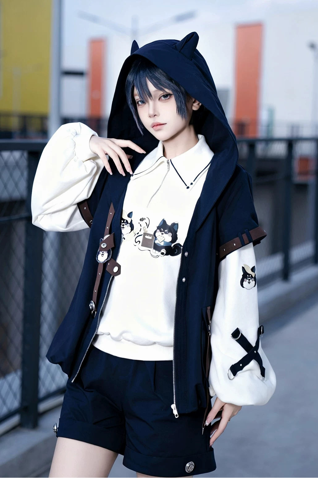【9月25日予約締切】Prince Style Street Casual Cat Ear Hooded Short-Sleeve Jacket + Dog Print Top + Shorts with Leg Rings＋Full Set