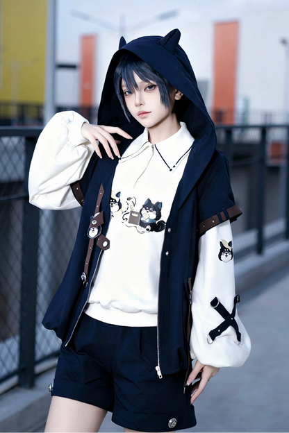 【9月25日予約締切】Prince Style Street Casual Cat Ear Hooded Short-Sleeve Jacket + Dog Print Top + Shorts with Leg Rings＋Full Set