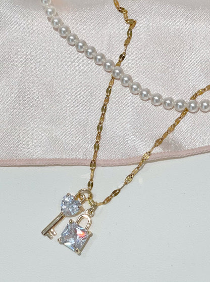 Girly Love Pearl Zircon Key Lock Necklace