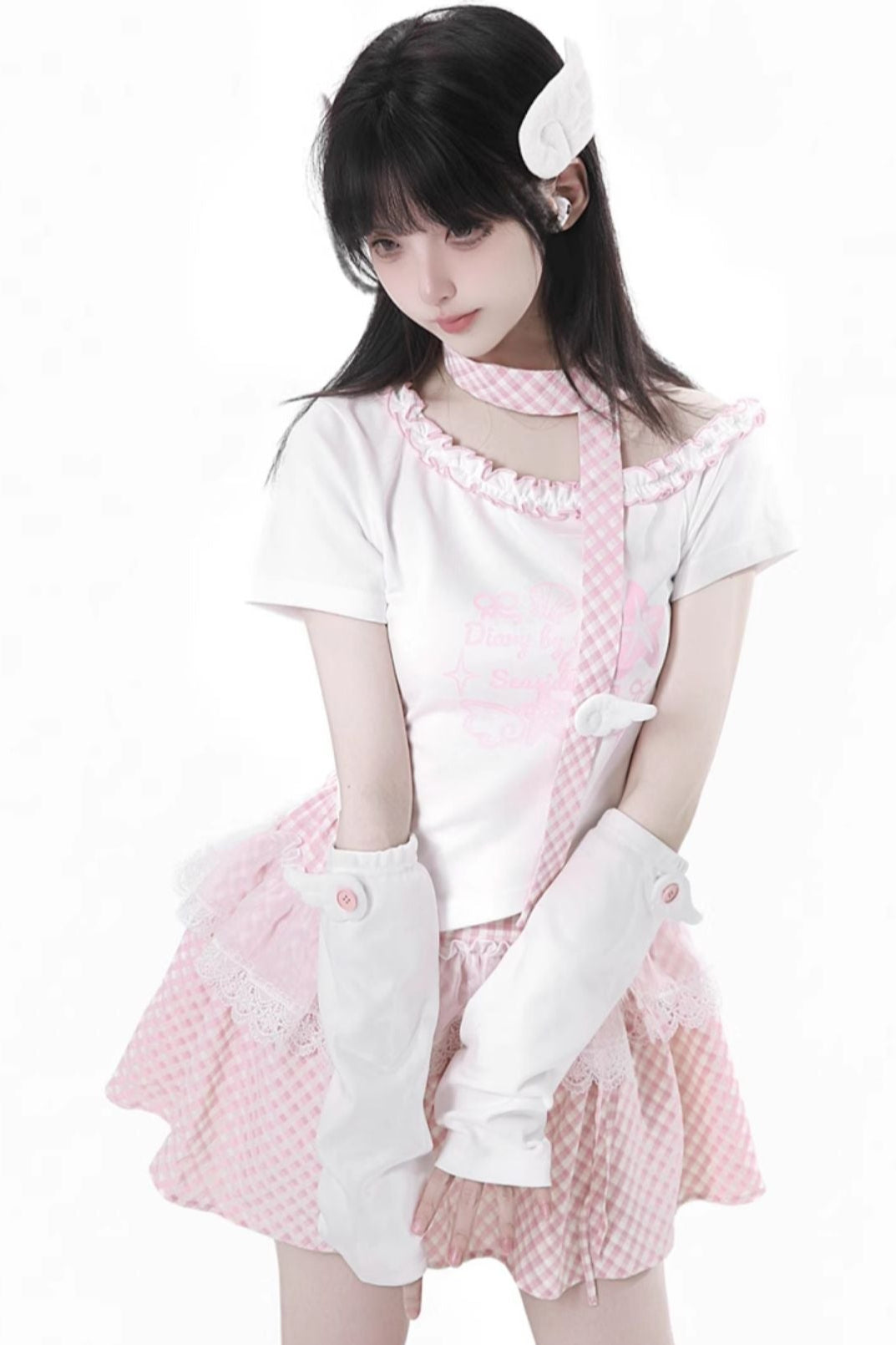 パステルスイートツインスカーフ付きTシャツ＋パフスカート＋アームカバー