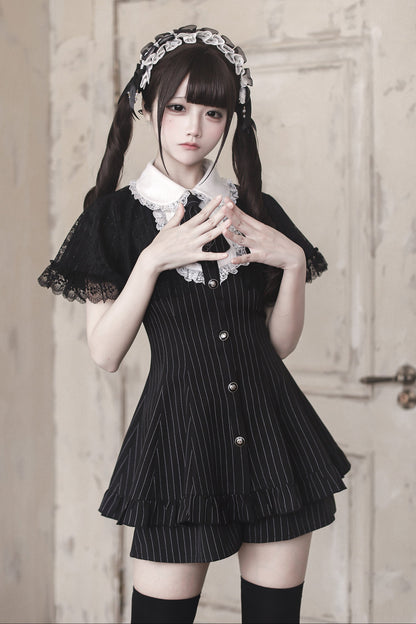 [Bestellfrist 15. Mai] Schwarzer Nadelstreifen-Spitzen-Umhang-Design-Stehkragen-Kleid-Anzug-Komplett-Ensemble + Accessoires