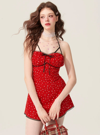 [31 mai 20 heures soldes] Shaoye eye poppy red halterneck floral dress women's sleeveless A-line