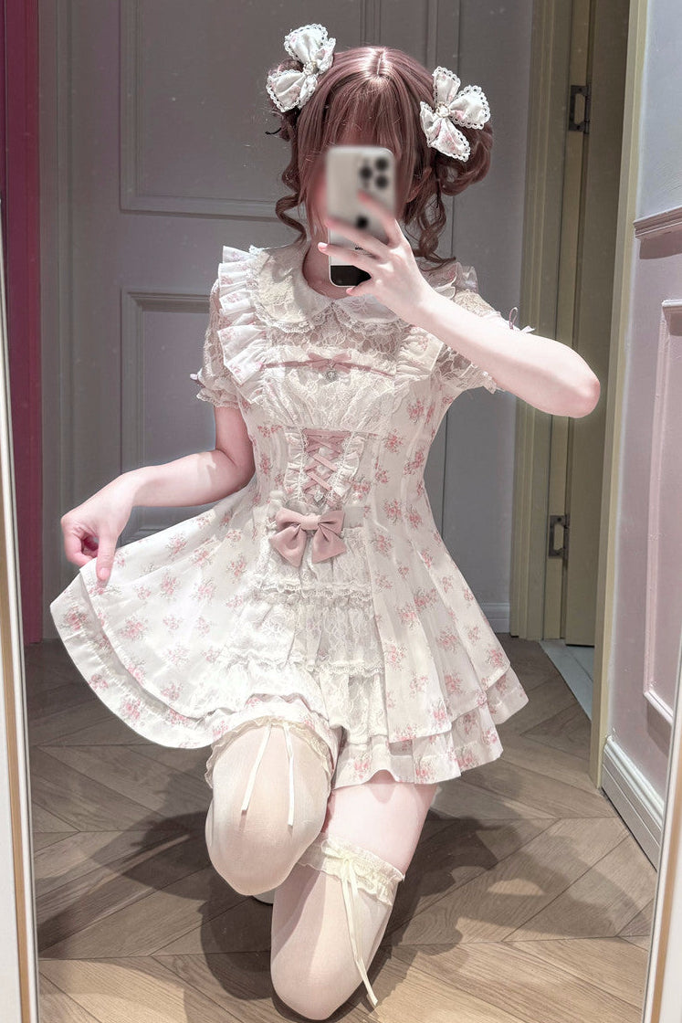 【9月2日予約締切】Romantic Pink Floral Layered Lace Dress＋Matching Shorts ＋ Bow Hairclips ＋ Bow Tie[Full set]