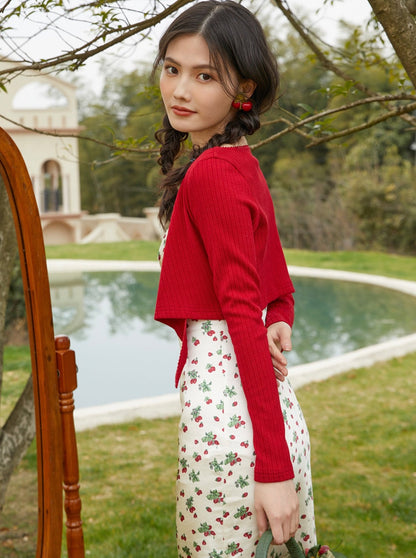 Short ribbon cardigan + strawberry dress