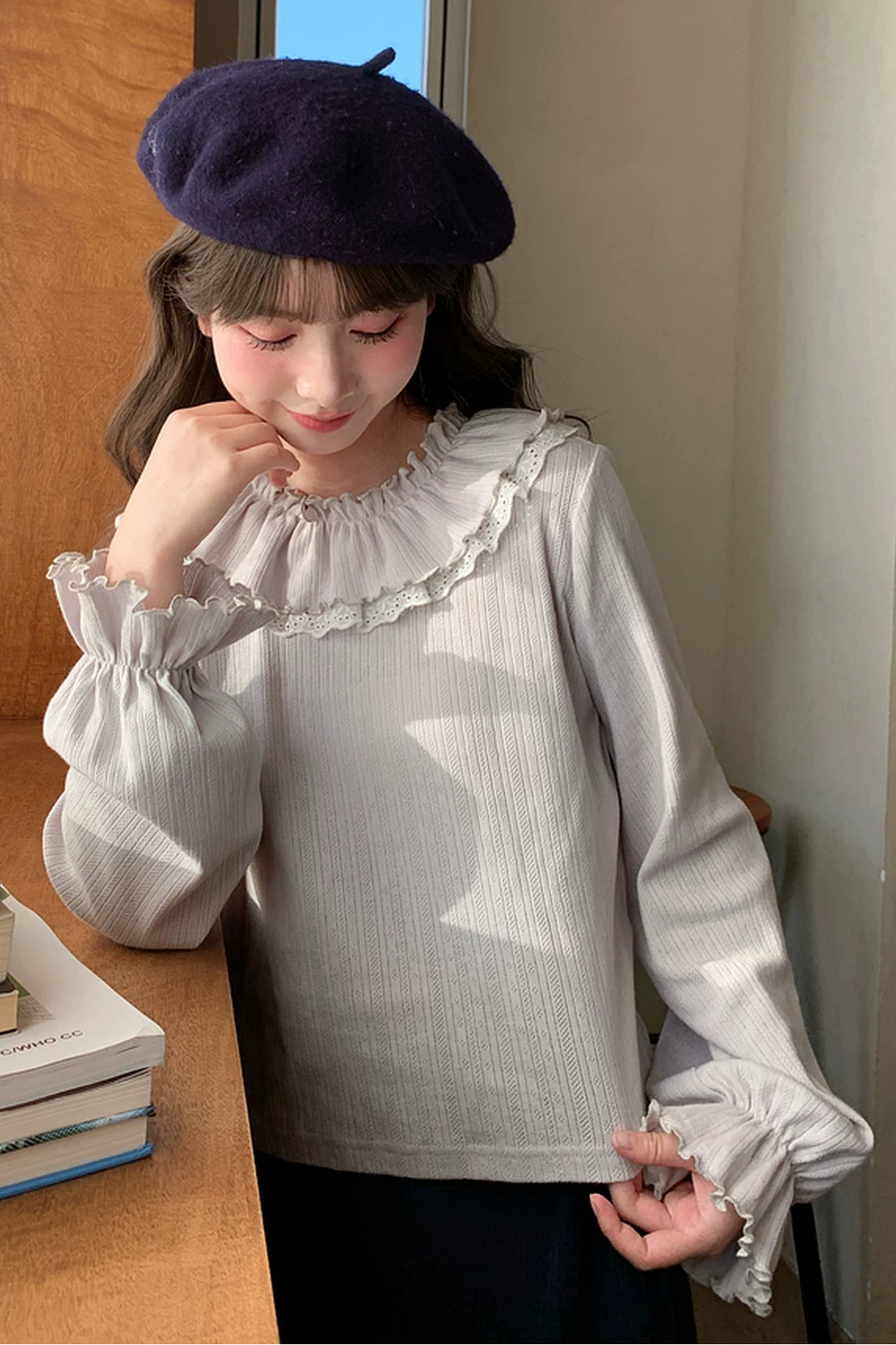 フリルカラーレトロスイートトップス