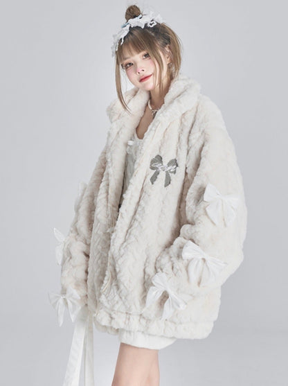 Design ribbon loose furry lamb's wool coat