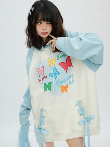 Butterfly Art Bicolor Lace-Up Hooded Hoodie