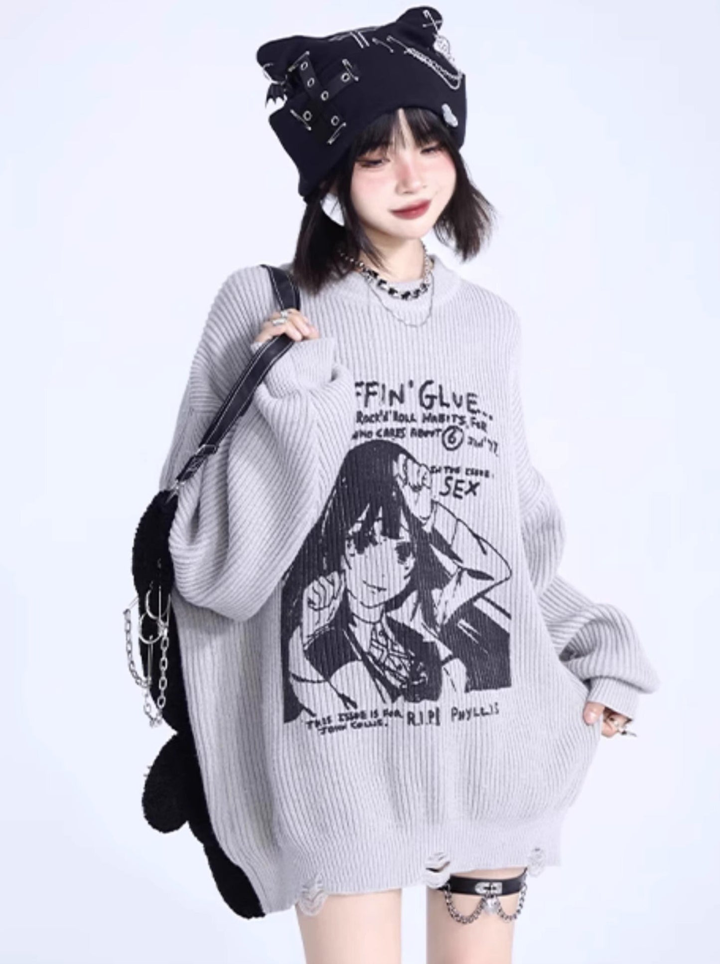 Girl Print Loose Pullover Knit Sweater