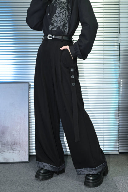 Trend Button Streamer Black Casual Pants