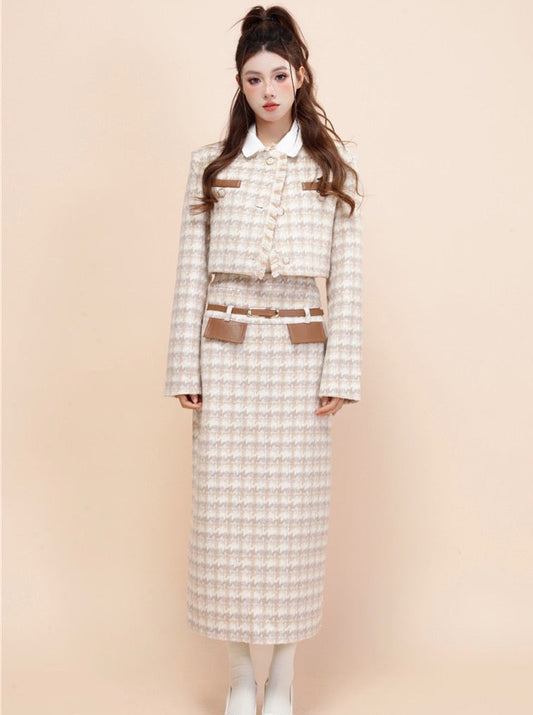 千鳥格子デザインショートジャケット＋ロングタイトスカート
