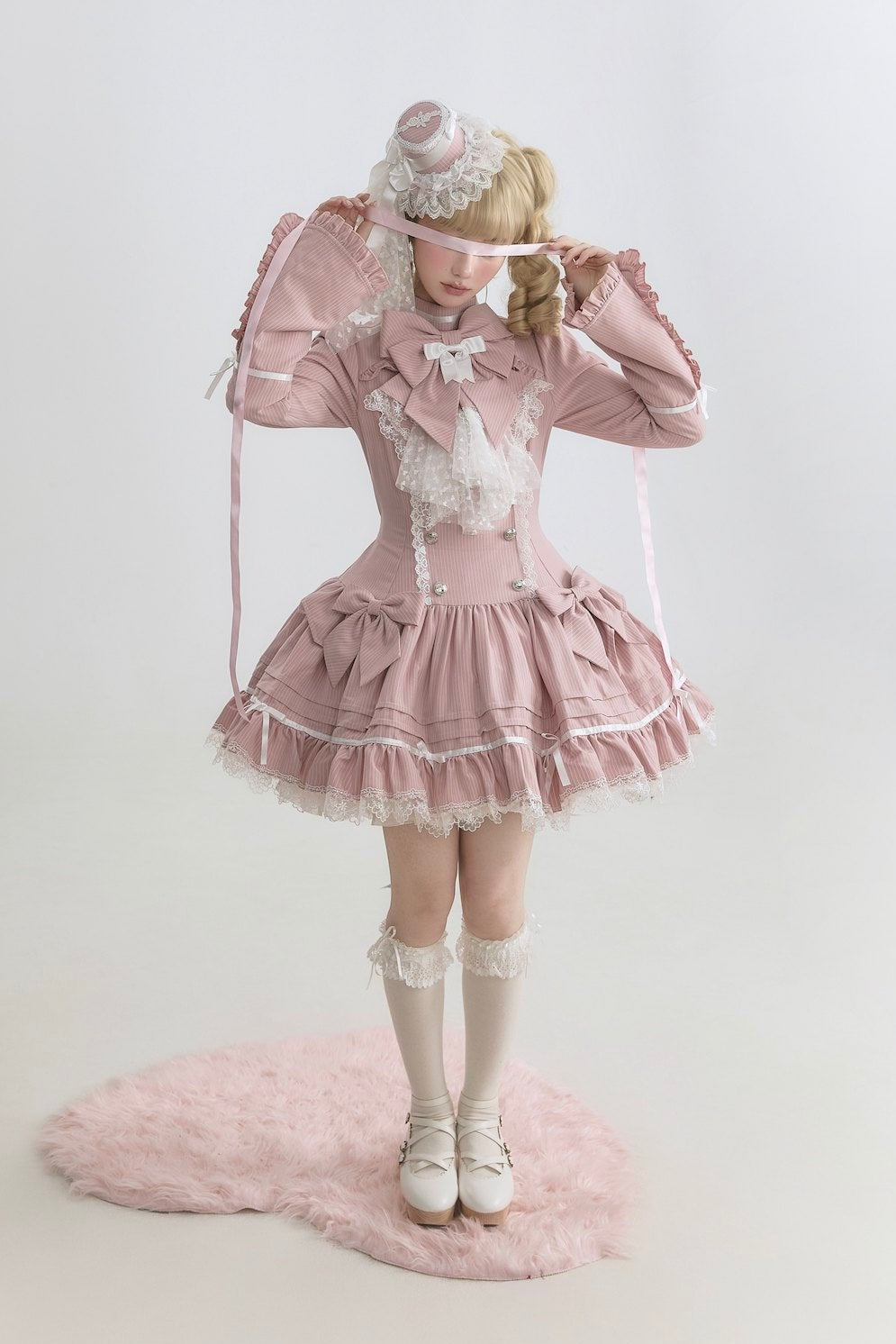 [Pre-order Deadline: April 25] Phantom Cat Sweet Ribbon Stripe Lace Bell Sleeve Lolita Dress