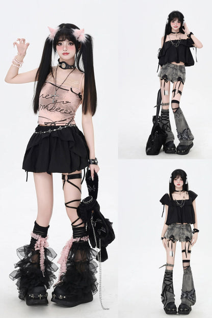 3-Style One-Shoulder Drawstring Top & Skirt