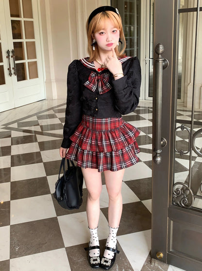 Fur Short Cardigan + Dark Red Check Skirt