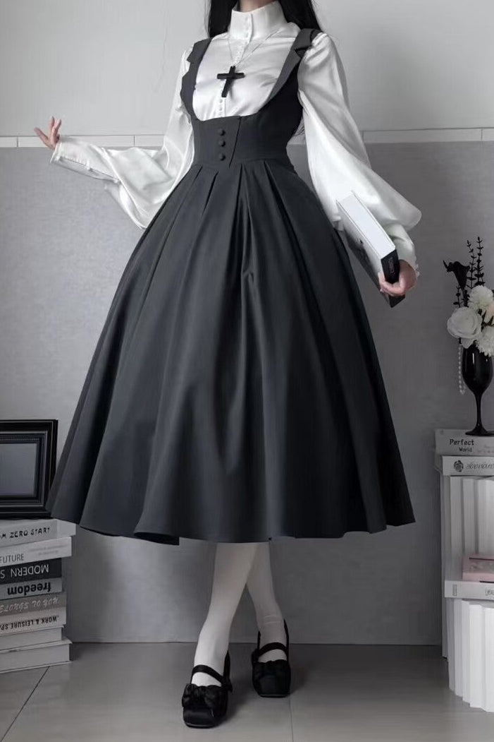 【4月14日予約締切】ダークグレークラシックラペルショルダーロリータコルセットドレス（ショート・ロングA/B）