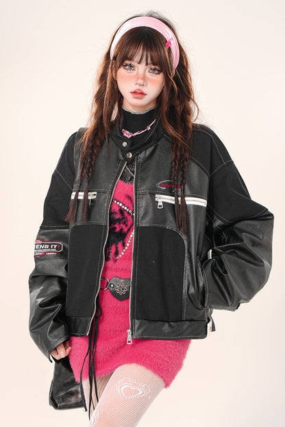 Loosfit college leather jacket