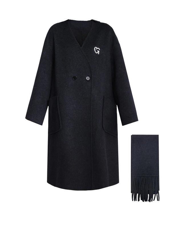 Handmade collarless wool coat with scarf