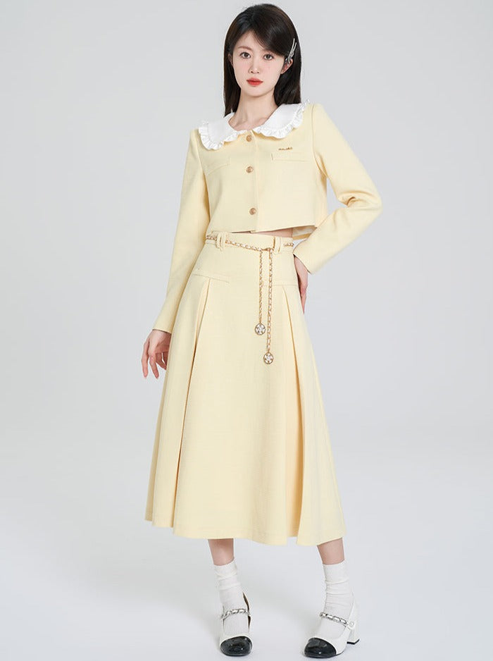 Milky Yellow Short Jacket + Long Flared Skirt